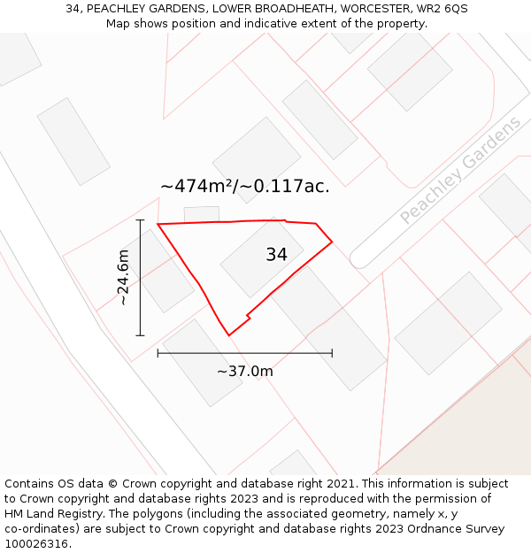 34, PEACHLEY GARDENS, LOWER BROADHEATH, WORCESTER, WR2 6QS: Plot and title map