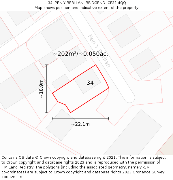 34, PEN Y BERLLAN, BRIDGEND, CF31 4QQ: Plot and title map