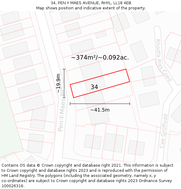 34, PEN Y MAES AVENUE, RHYL, LL18 4EB: Plot and title map