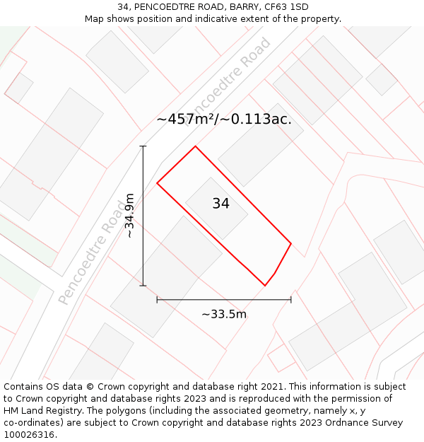 34, PENCOEDTRE ROAD, BARRY, CF63 1SD: Plot and title map