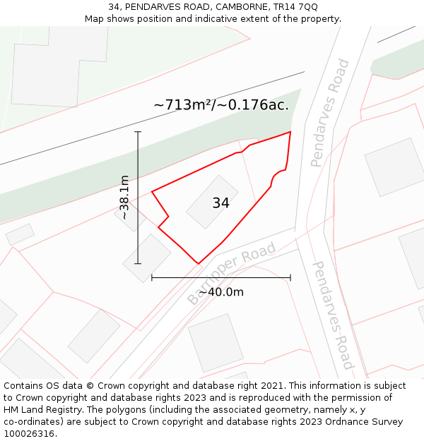 34, PENDARVES ROAD, CAMBORNE, TR14 7QQ: Plot and title map