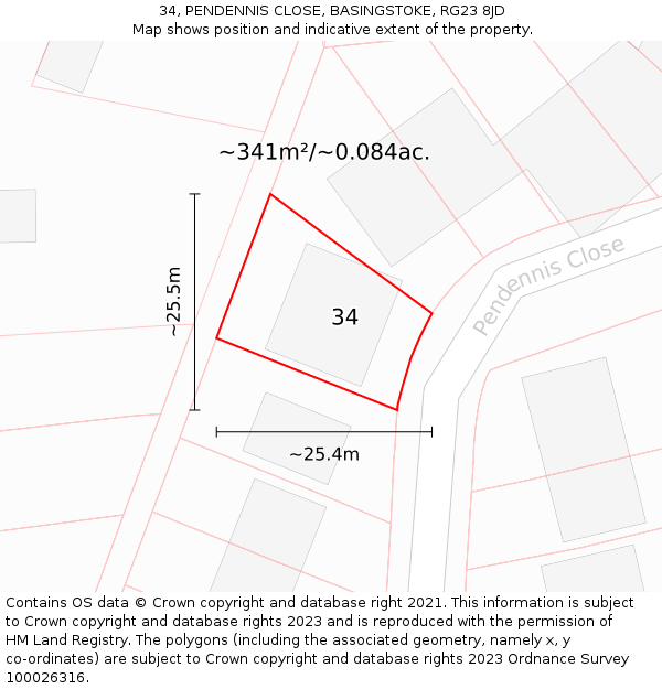 34, PENDENNIS CLOSE, BASINGSTOKE, RG23 8JD: Plot and title map