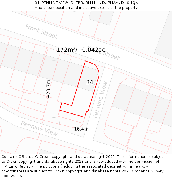 34, PENNINE VIEW, SHERBURN HILL, DURHAM, DH6 1QN: Plot and title map