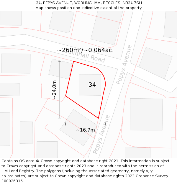 34, PEPYS AVENUE, WORLINGHAM, BECCLES, NR34 7SH: Plot and title map