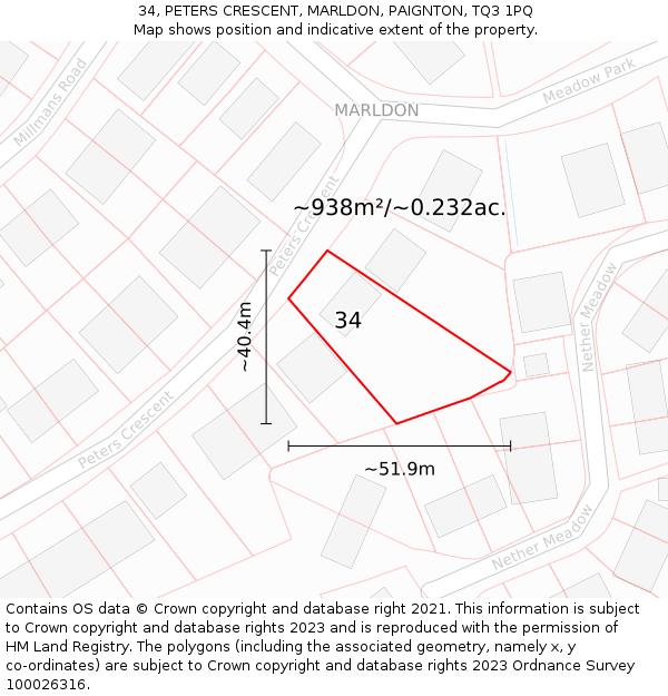 34, PETERS CRESCENT, MARLDON, PAIGNTON, TQ3 1PQ: Plot and title map