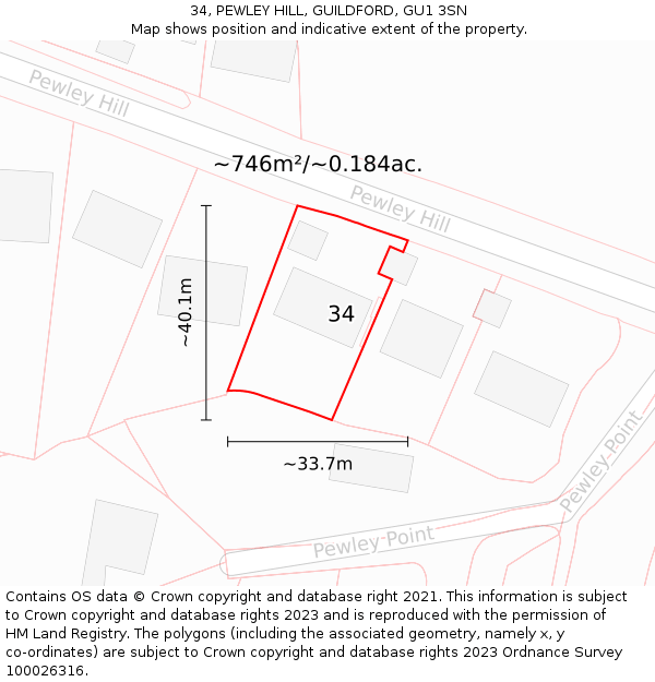 34, PEWLEY HILL, GUILDFORD, GU1 3SN: Plot and title map