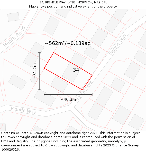 34, PIGHTLE WAY, LYNG, NORWICH, NR9 5RL: Plot and title map