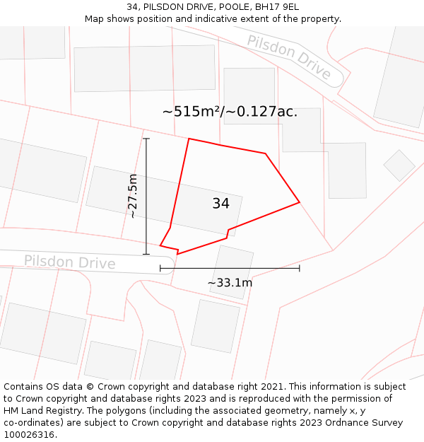 34, PILSDON DRIVE, POOLE, BH17 9EL: Plot and title map