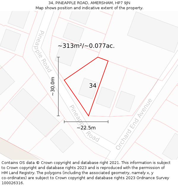 34, PINEAPPLE ROAD, AMERSHAM, HP7 9JN: Plot and title map