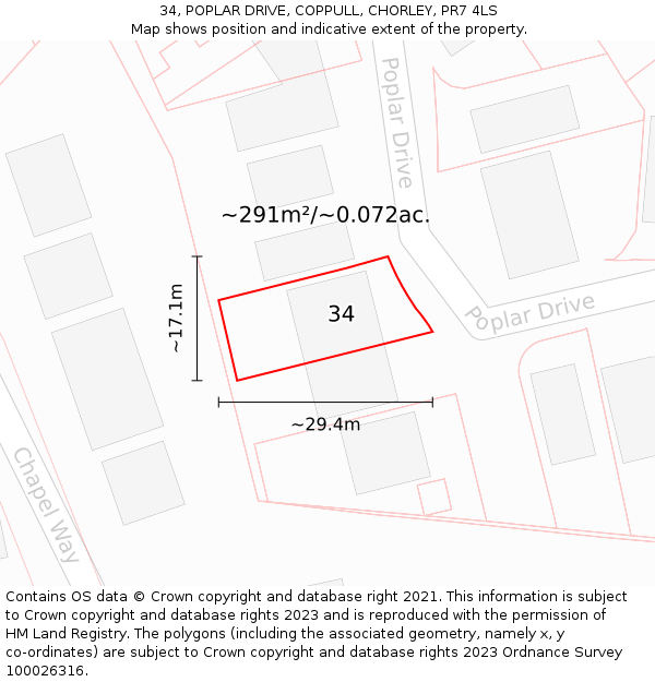 34, POPLAR DRIVE, COPPULL, CHORLEY, PR7 4LS: Plot and title map