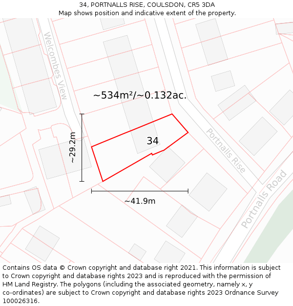 34, PORTNALLS RISE, COULSDON, CR5 3DA: Plot and title map