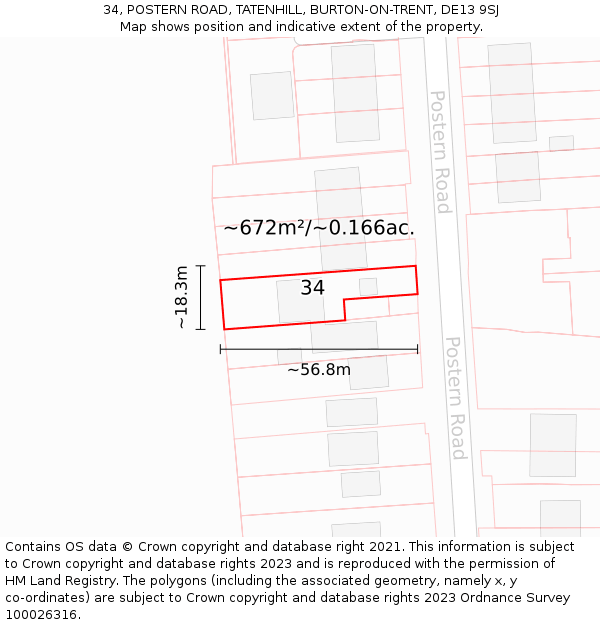 34, POSTERN ROAD, TATENHILL, BURTON-ON-TRENT, DE13 9SJ: Plot and title map