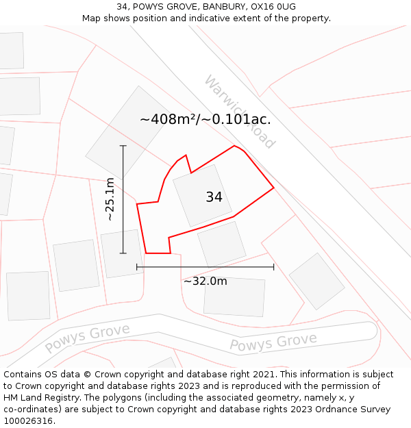 34, POWYS GROVE, BANBURY, OX16 0UG: Plot and title map