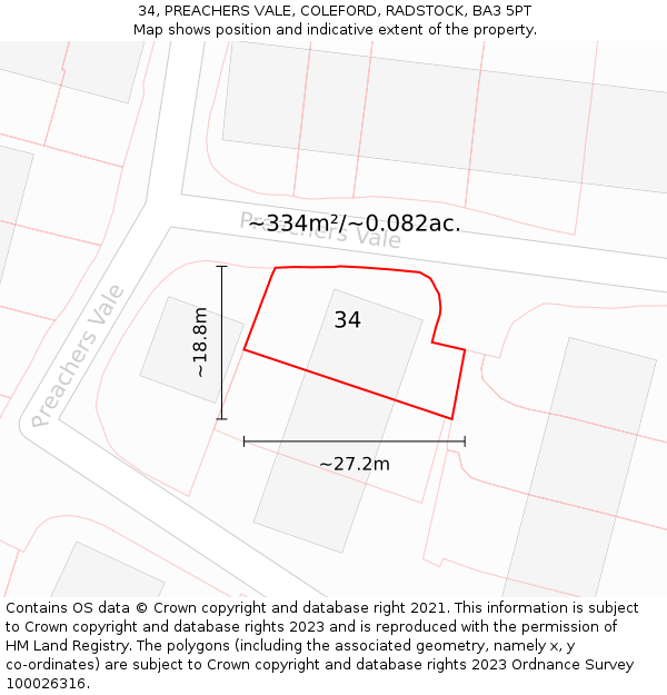 34, PREACHERS VALE, COLEFORD, RADSTOCK, BA3 5PT: Plot and title map