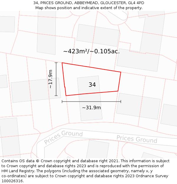 34, PRICES GROUND, ABBEYMEAD, GLOUCESTER, GL4 4PD: Plot and title map