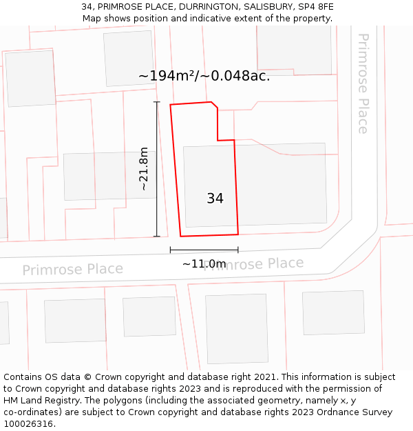 34, PRIMROSE PLACE, DURRINGTON, SALISBURY, SP4 8FE: Plot and title map
