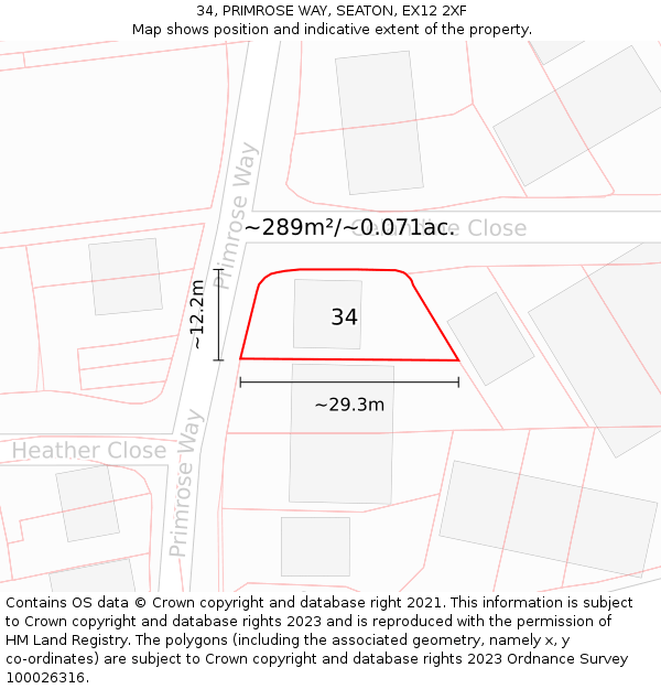 34, PRIMROSE WAY, SEATON, EX12 2XF: Plot and title map