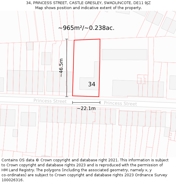 34, PRINCESS STREET, CASTLE GRESLEY, SWADLINCOTE, DE11 9JZ: Plot and title map