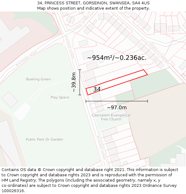 34, PRINCESS STREET, GORSEINON, SWANSEA, SA4 4US: Plot and title map