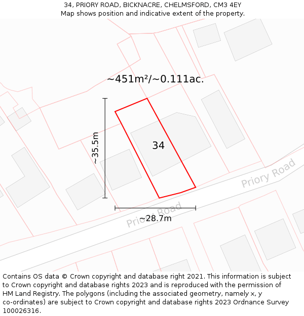 34, PRIORY ROAD, BICKNACRE, CHELMSFORD, CM3 4EY: Plot and title map