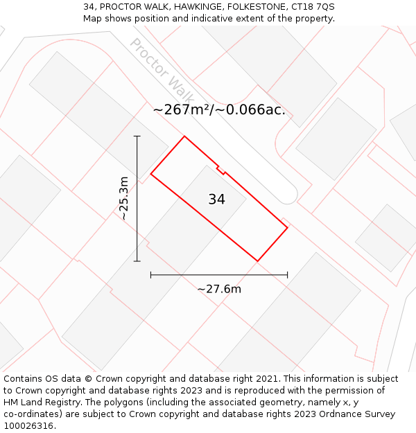 34, PROCTOR WALK, HAWKINGE, FOLKESTONE, CT18 7QS: Plot and title map
