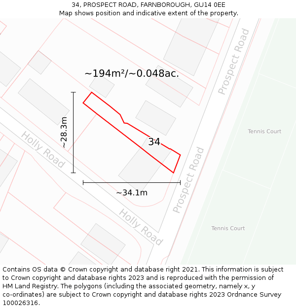 34, PROSPECT ROAD, FARNBOROUGH, GU14 0EE: Plot and title map