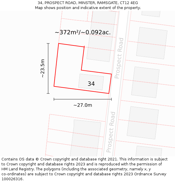 34, PROSPECT ROAD, MINSTER, RAMSGATE, CT12 4EG: Plot and title map