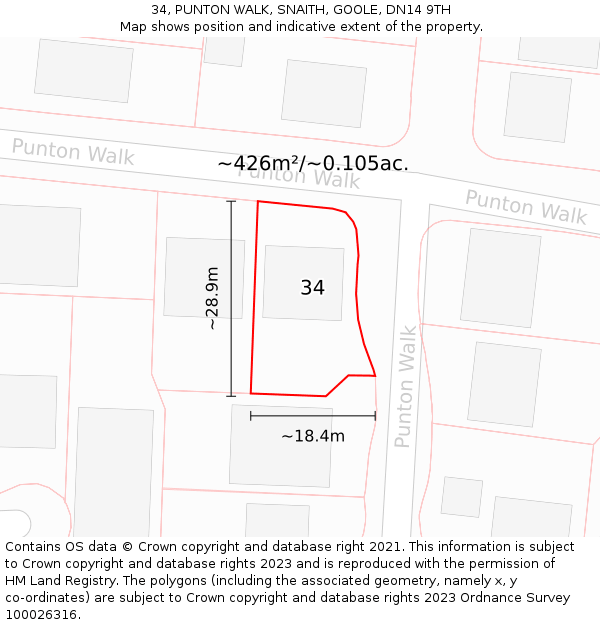 34, PUNTON WALK, SNAITH, GOOLE, DN14 9TH: Plot and title map