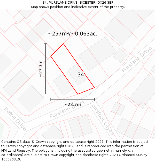 34, PURSLANE DRIVE, BICESTER, OX26 3EF: Plot and title map