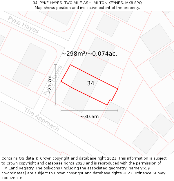 34, PYKE HAYES, TWO MILE ASH, MILTON KEYNES, MK8 8PQ: Plot and title map