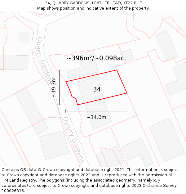 34, QUARRY GARDENS, LEATHERHEAD, KT22 8UE: Plot and title map