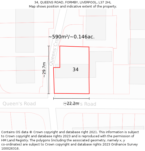 34, QUEENS ROAD, FORMBY, LIVERPOOL, L37 2HL: Plot and title map