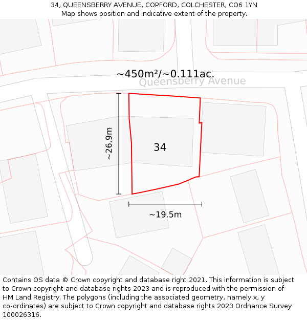 34, QUEENSBERRY AVENUE, COPFORD, COLCHESTER, CO6 1YN: Plot and title map