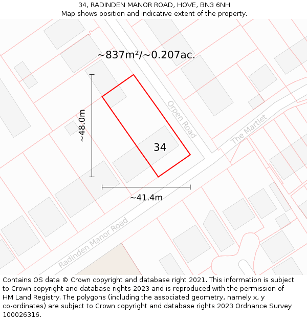 34, RADINDEN MANOR ROAD, HOVE, BN3 6NH: Plot and title map