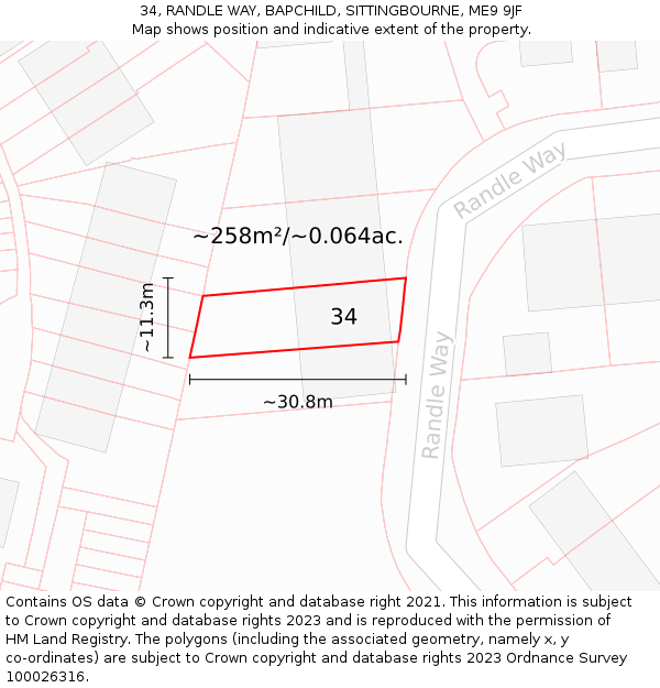 34, RANDLE WAY, BAPCHILD, SITTINGBOURNE, ME9 9JF: Plot and title map