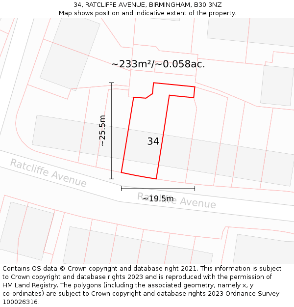 34, RATCLIFFE AVENUE, BIRMINGHAM, B30 3NZ: Plot and title map