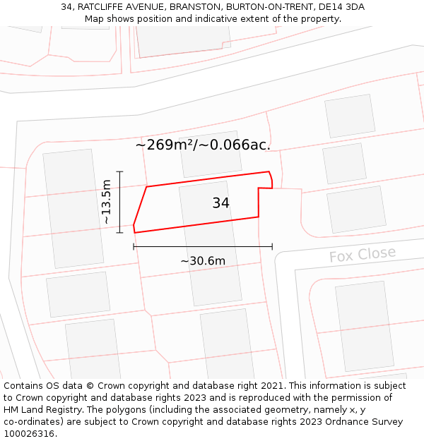 34, RATCLIFFE AVENUE, BRANSTON, BURTON-ON-TRENT, DE14 3DA: Plot and title map