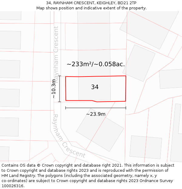 34, RAYNHAM CRESCENT, KEIGHLEY, BD21 2TP: Plot and title map