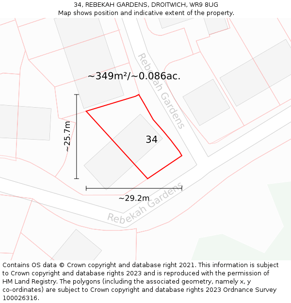 34, REBEKAH GARDENS, DROITWICH, WR9 8UG: Plot and title map