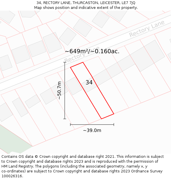 34, RECTORY LANE, THURCASTON, LEICESTER, LE7 7JQ: Plot and title map