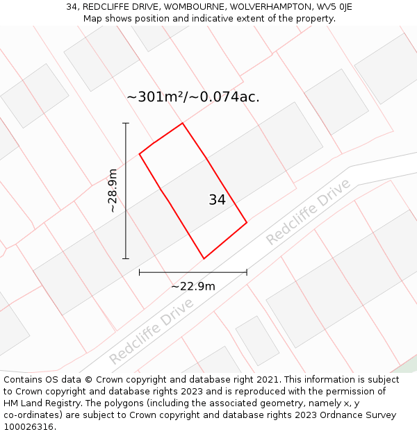 34, REDCLIFFE DRIVE, WOMBOURNE, WOLVERHAMPTON, WV5 0JE: Plot and title map