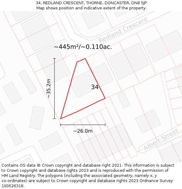 34, REDLAND CRESCENT, THORNE, DONCASTER, DN8 5JP: Plot and title map