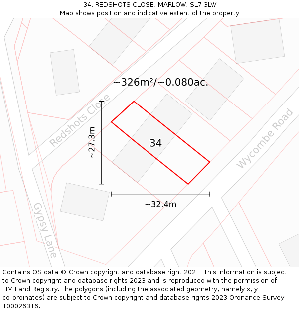 34, REDSHOTS CLOSE, MARLOW, SL7 3LW: Plot and title map