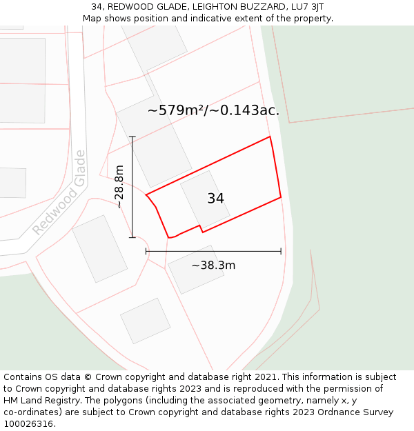 34, REDWOOD GLADE, LEIGHTON BUZZARD, LU7 3JT: Plot and title map