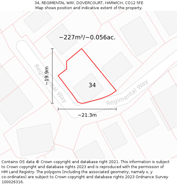 34, REGIMENTAL WAY, DOVERCOURT, HARWICH, CO12 5FE: Plot and title map