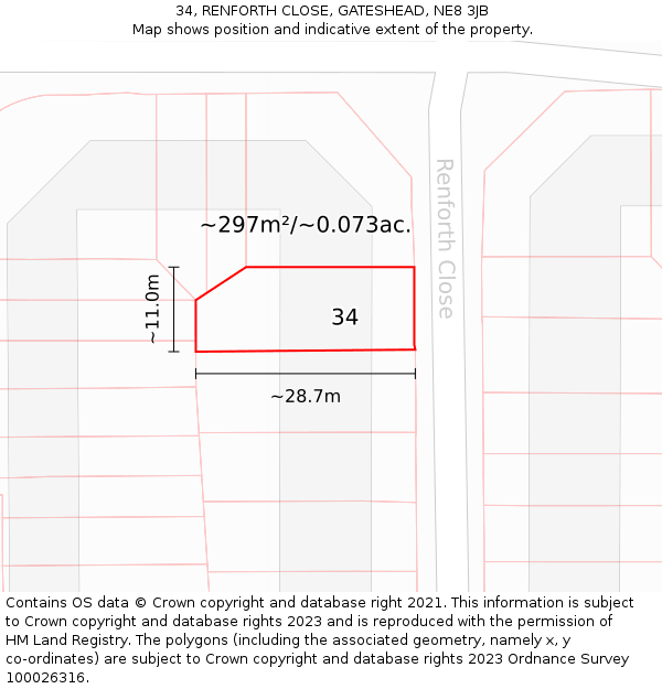 34, RENFORTH CLOSE, GATESHEAD, NE8 3JB: Plot and title map