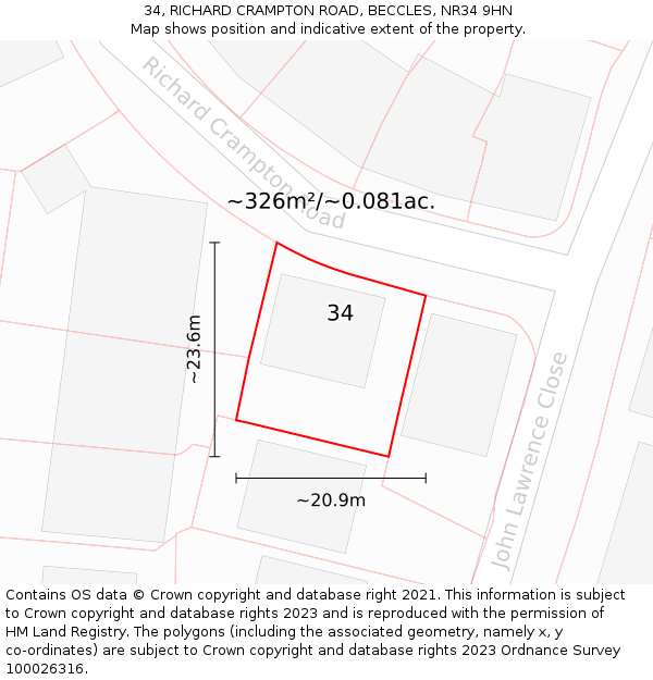 34, RICHARD CRAMPTON ROAD, BECCLES, NR34 9HN: Plot and title map