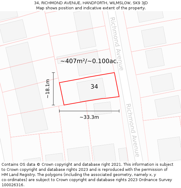 34, RICHMOND AVENUE, HANDFORTH, WILMSLOW, SK9 3JD: Plot and title map