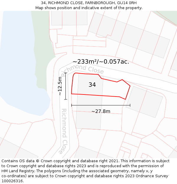 34, RICHMOND CLOSE, FARNBOROUGH, GU14 0RH: Plot and title map