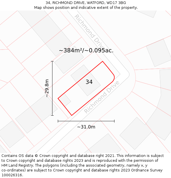 34, RICHMOND DRIVE, WATFORD, WD17 3BG: Plot and title map